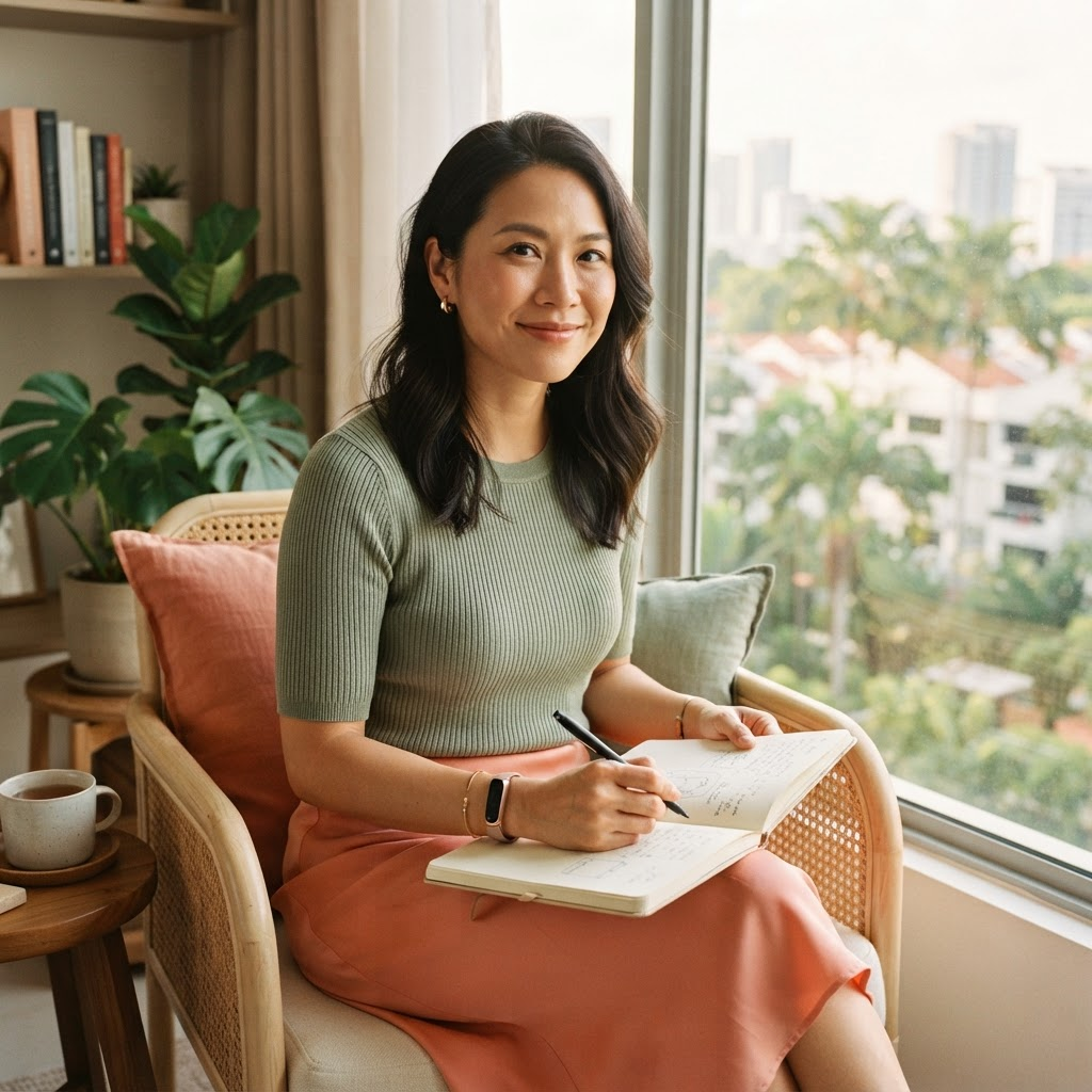 Woman reflecting on her health journey at home